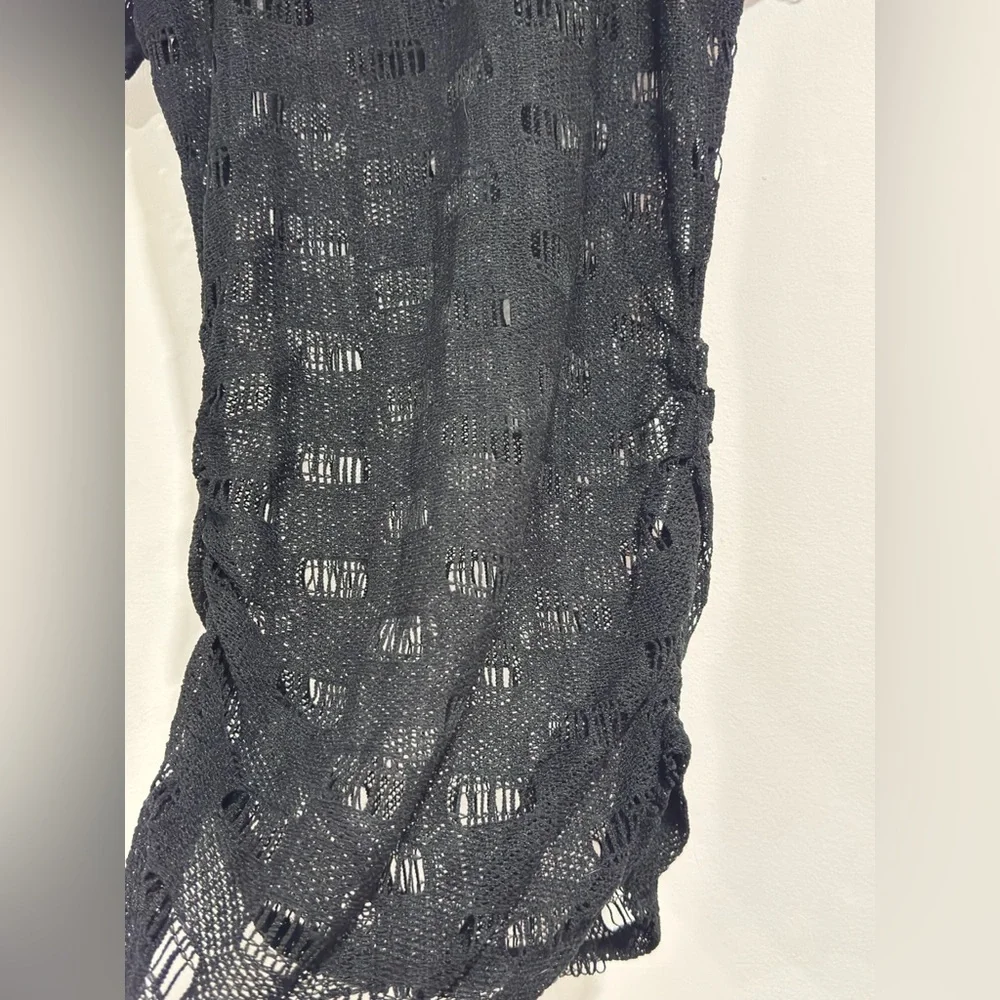 Si Designs Black Crochet Swim Cover Up Dress Ruched Tie Back Beachwear Size S